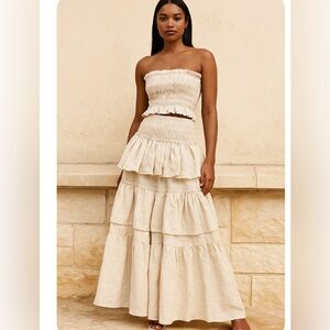 Boutique Kere Beige Strapless Smocked Top and Ruffle Skirt Set